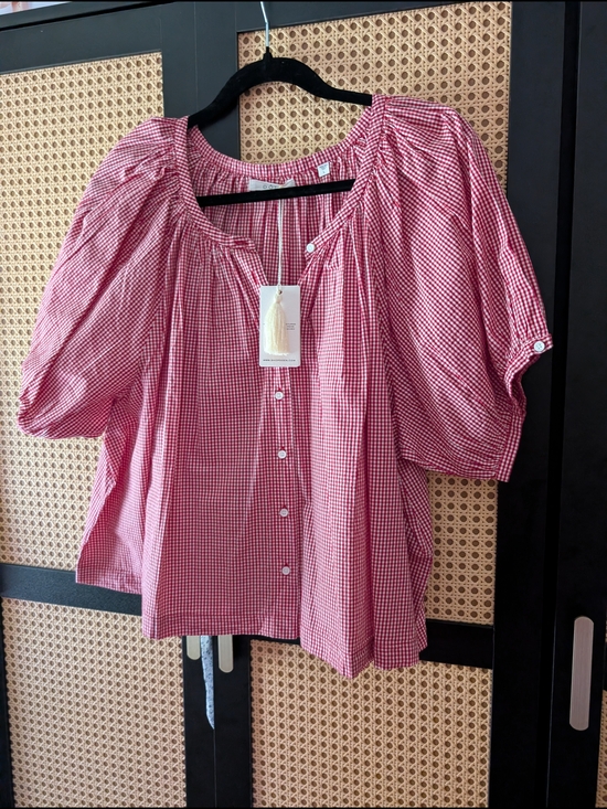 Doen Tops - NWT Doen June Top Red Gingham Button-Front Puff Sleeve